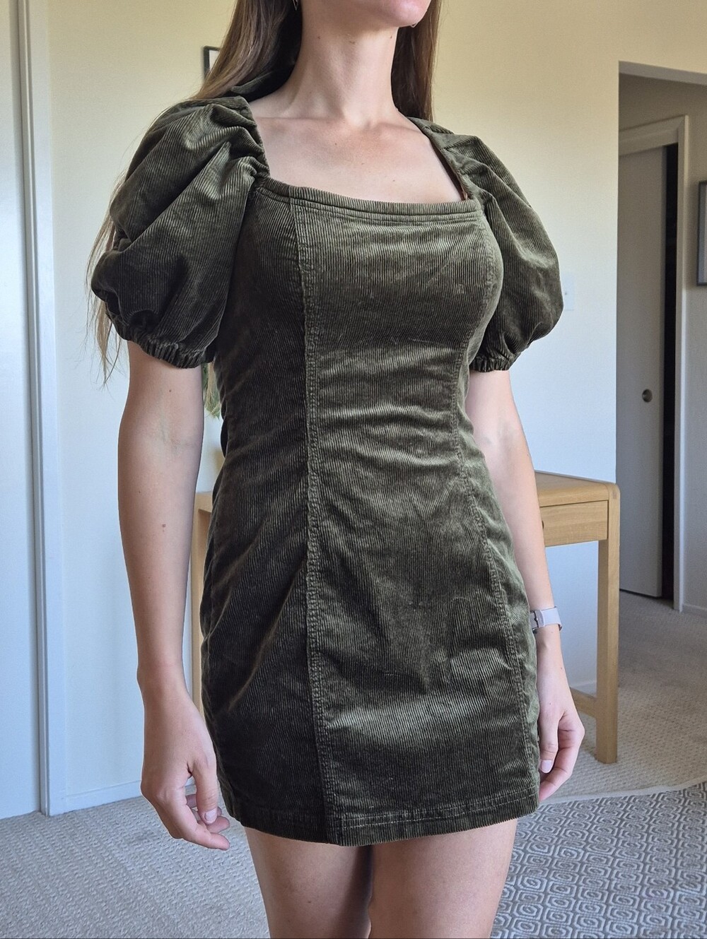 Pilcro Olive Green Puff-Sleeve Corduroy Mini Dress - Picture 3 of 8